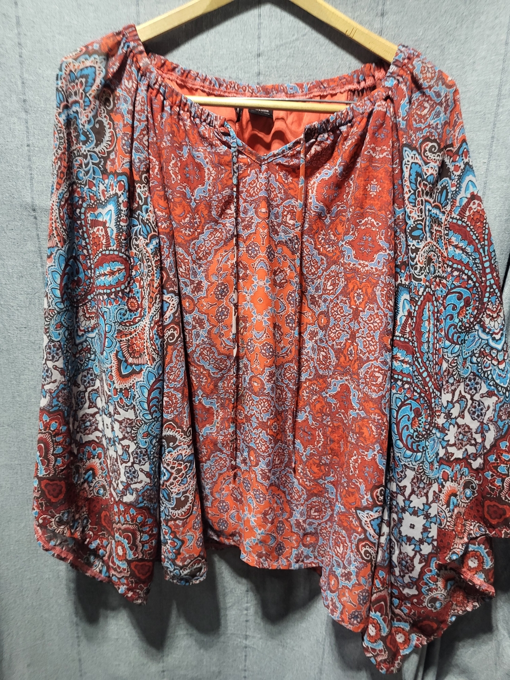 new directions Rust Paisley Peasant Top with Blue Accents